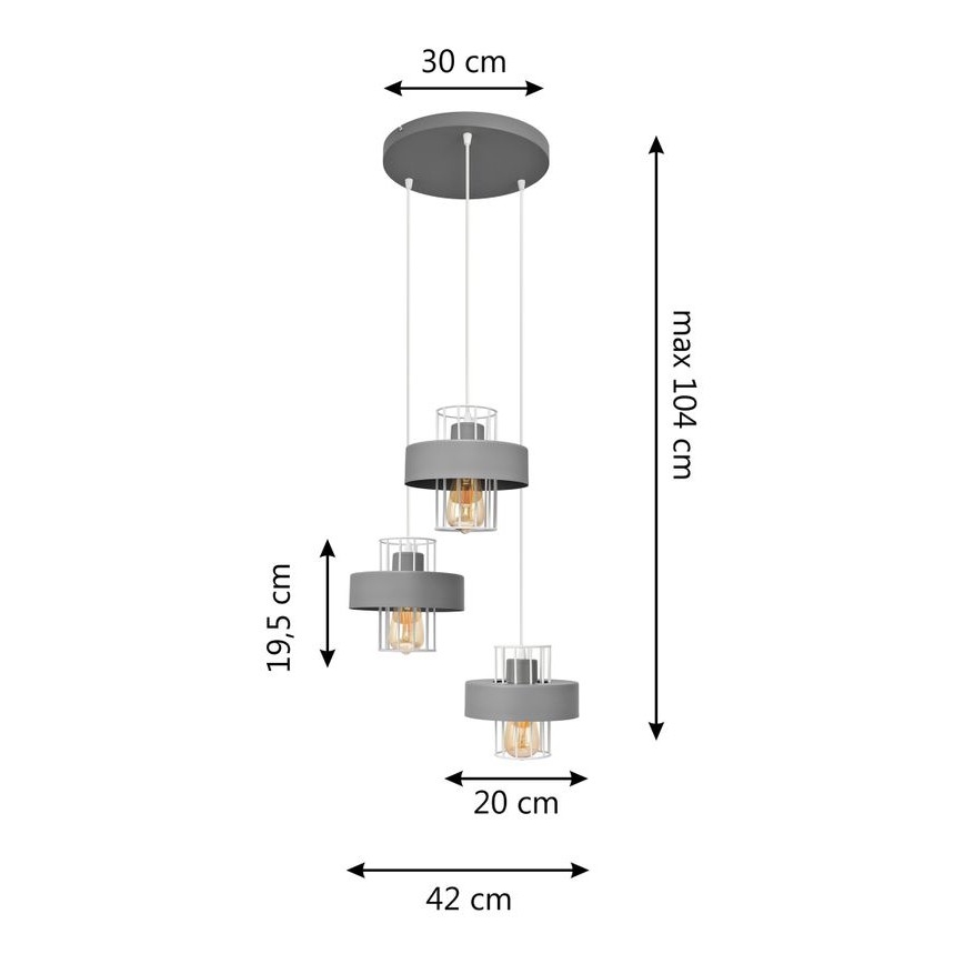 Kattokruunu johdossa VOLTA 3xE27/15W/230V halkaisija 42 cm harmaa
