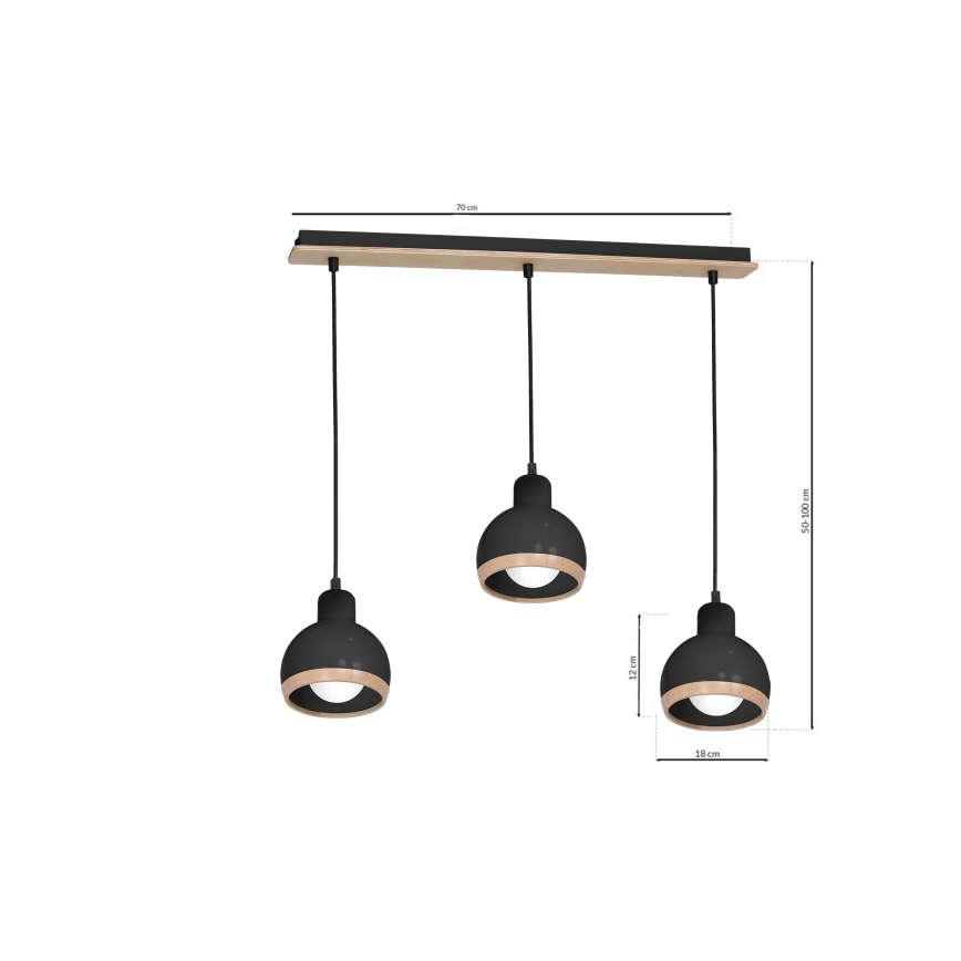 Kattokruunu narussa OVAL 3xE27 / 60W / 230V musta