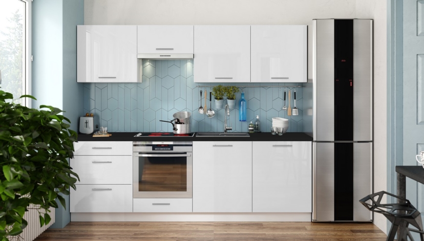 Keittiökaluste CELESTE 240 cm, kiiltävän valkoinen