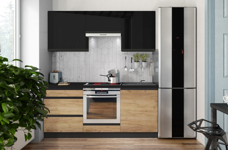 Keittiökaluste MARINA 180 cm, craft-tammi/kiiltävä musta