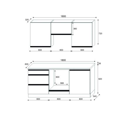 Keittiökaluste MARINA 180 cm, craft-tammi/kiiltävä musta