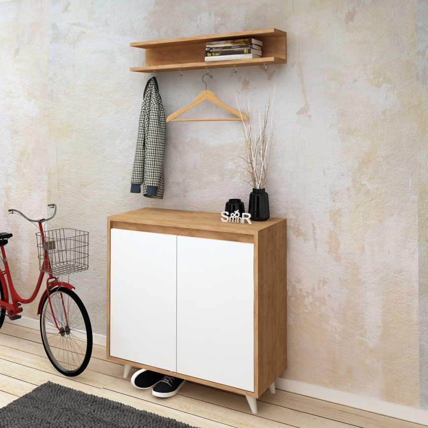 Kenkäkaappi OBSOYO 100x80 cm + seinä ripustin 15x80 cm ruskea/valkoinen
