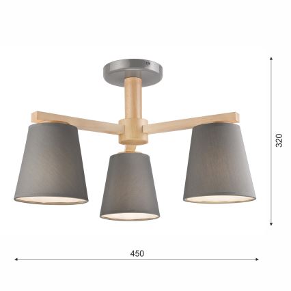 Kiinteä kattokruunu ELLIE 3xE27/60W/230V harmaa/pyökki - FSC sertifioitu