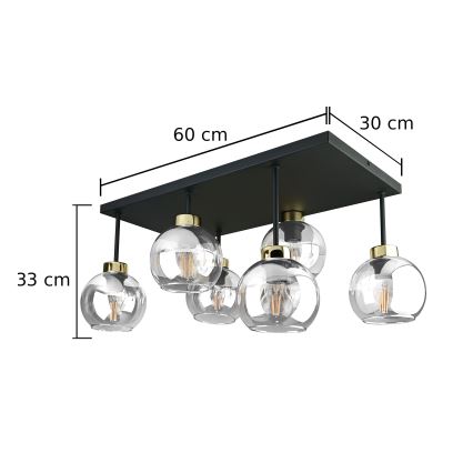 Kiinteä kattokruunu NESSA 6xE27/60W/230V musta/kulta/läpinäkyvä