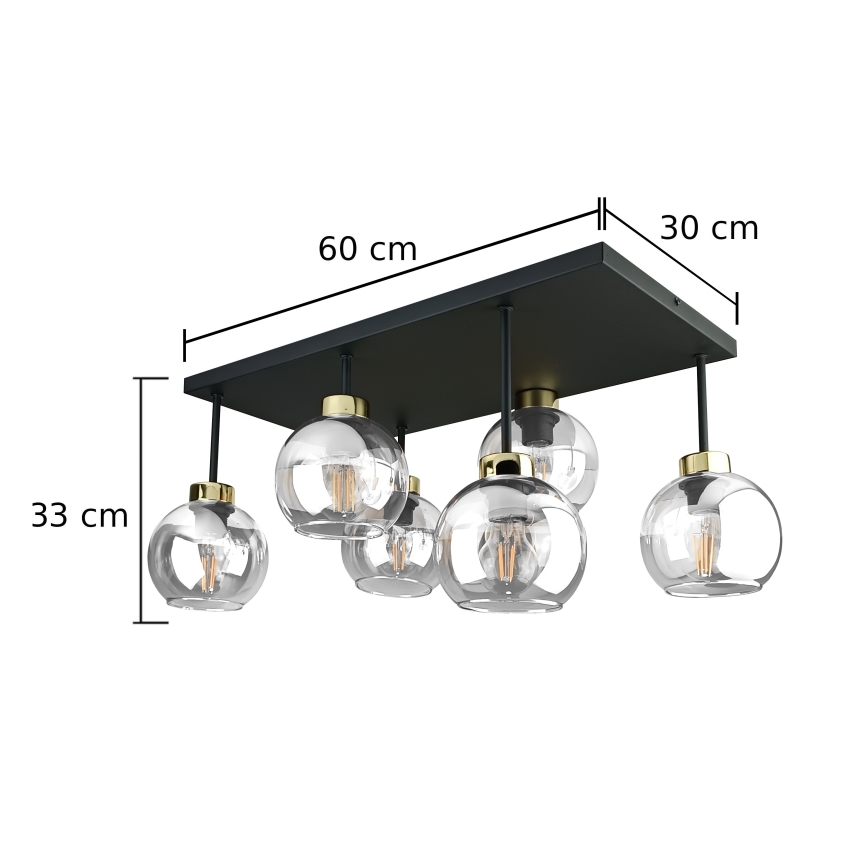 Kiinteä kattokruunu NESSA 6xE27/60W/230V musta/kulta/läpinäkyvä