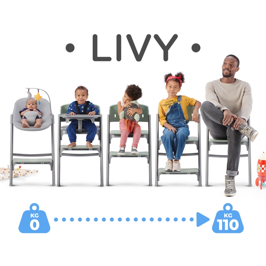 KINDERKRAFT SELECT - Lasten ruokapöydän tuoli 3in1 LIVY Premium Olive vihreä + lepotuoli CALMEE