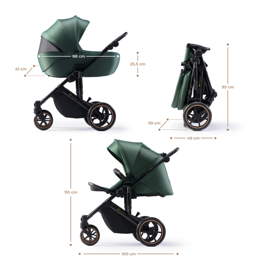 KINDERKRAFT SELECT - Yhdistelmärattaat 3in1 PRIME 2 Premium Dark vihreä + turvaistuin