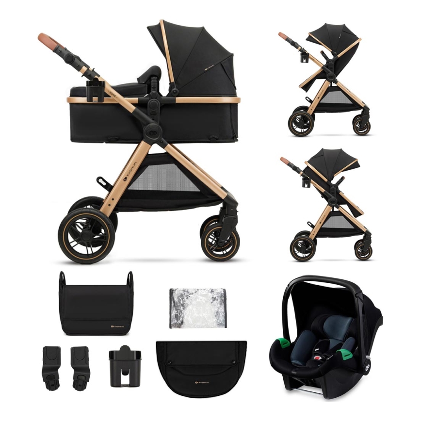 KINDERKRAFT - Yhdistelmärattaat 3in1 ESME Pure musta + turvaistuin MINK PRO