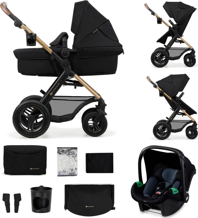 KINDERKRAFT - Yhdistelmärattaat 3in1 MOOV 2 AIR Pure musta + turvaistuin MINK PRO