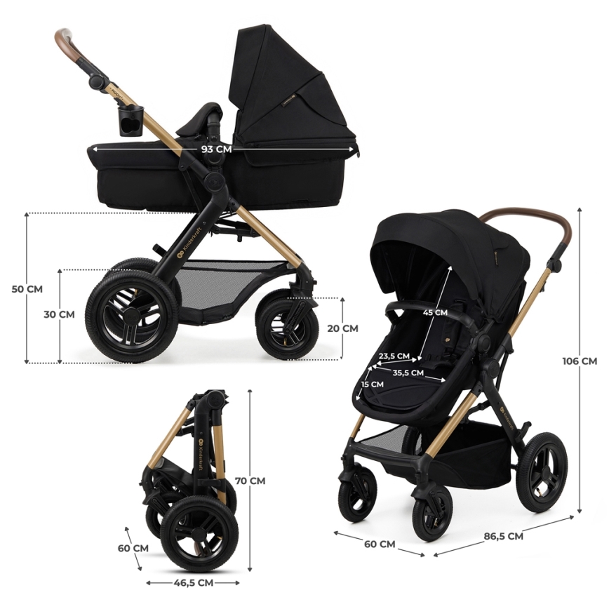 KINDERKRAFT - Yhdistelmärattaat 3in1 MOOV 2 AIR Pure musta + turvaistuin MINK PRO