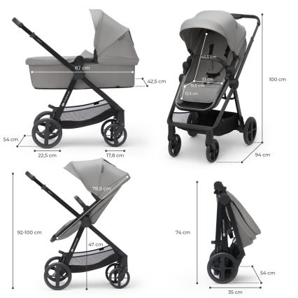 KINDERKRAFT - Yhdistelmärattaat 4v1 NEWLY Klassikko harmaa + turvaistuin MINK PRO jalustalla ISOFIX