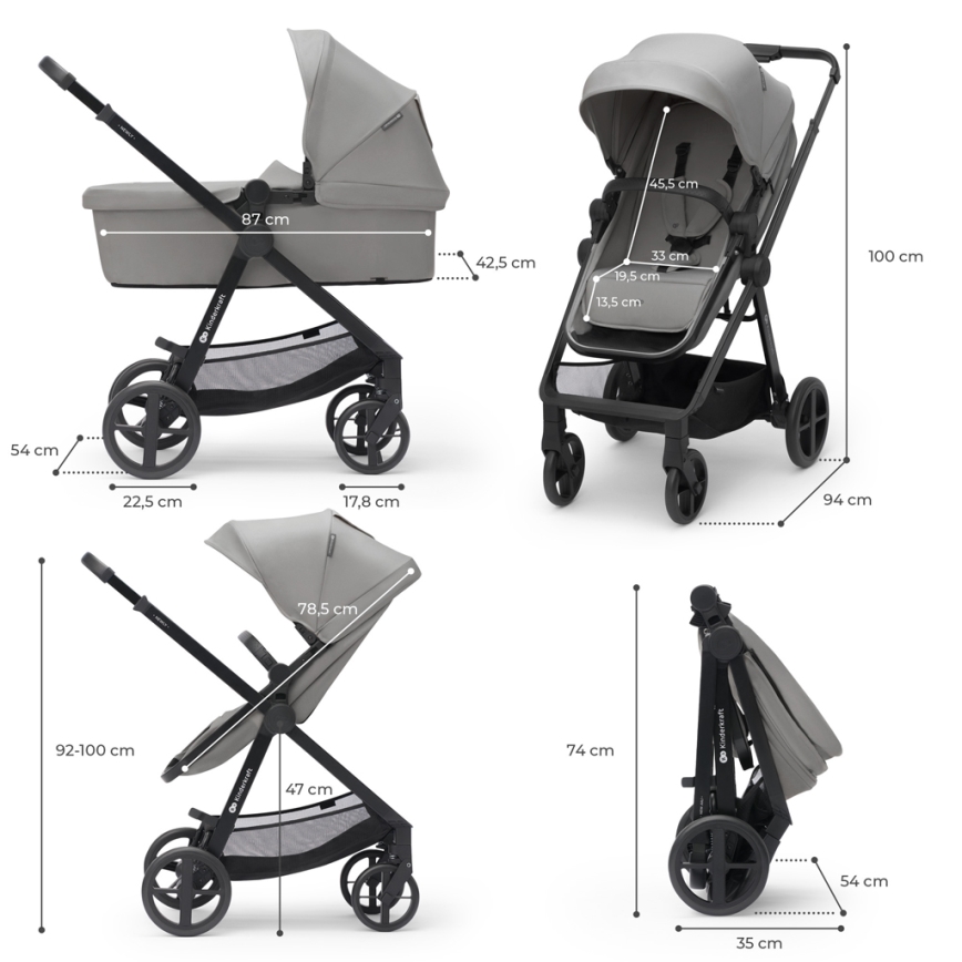 KINDERKRAFT - Yhdistelmärattaat 4v1 NEWLY Klassikko harmaa + turvaistuin MINK PRO jalustalla ISOFIX