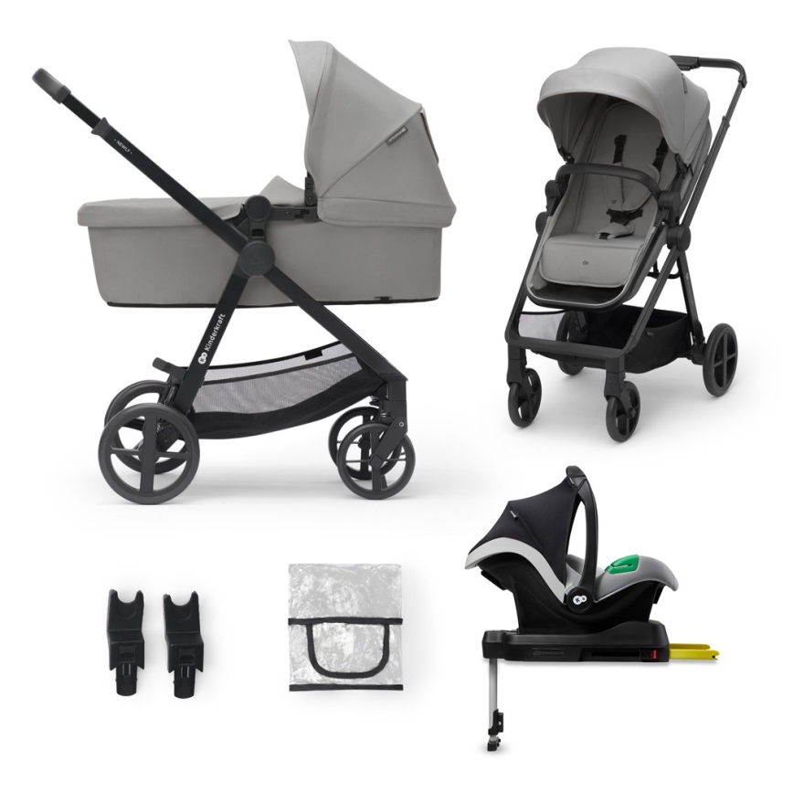 KINDERKRAFT - Yhdistelmärattaat 4v1 NEWLY Klassikko harmaa + turvaistuin MINK PRO jalustalla ISOFIX