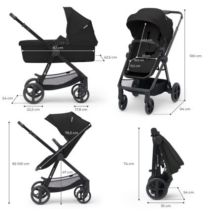 KINDERKRAFT - Yhdistelmärattaat 4v1 NEWLY Klassikko musta + turvaistuin MINK PRO jalustalla ISOFIX
