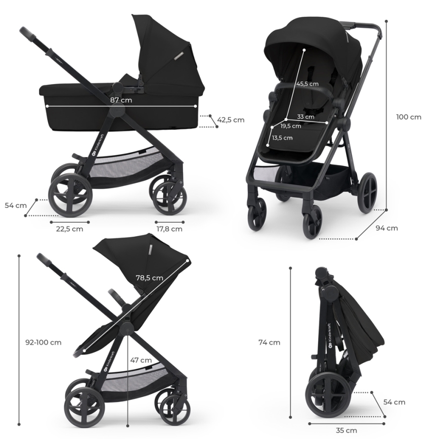 KINDERKRAFT - Yhdistelmärattaat 4v1 NEWLY Klassikko musta + turvaistuin MINK PRO jalustalla ISOFIX