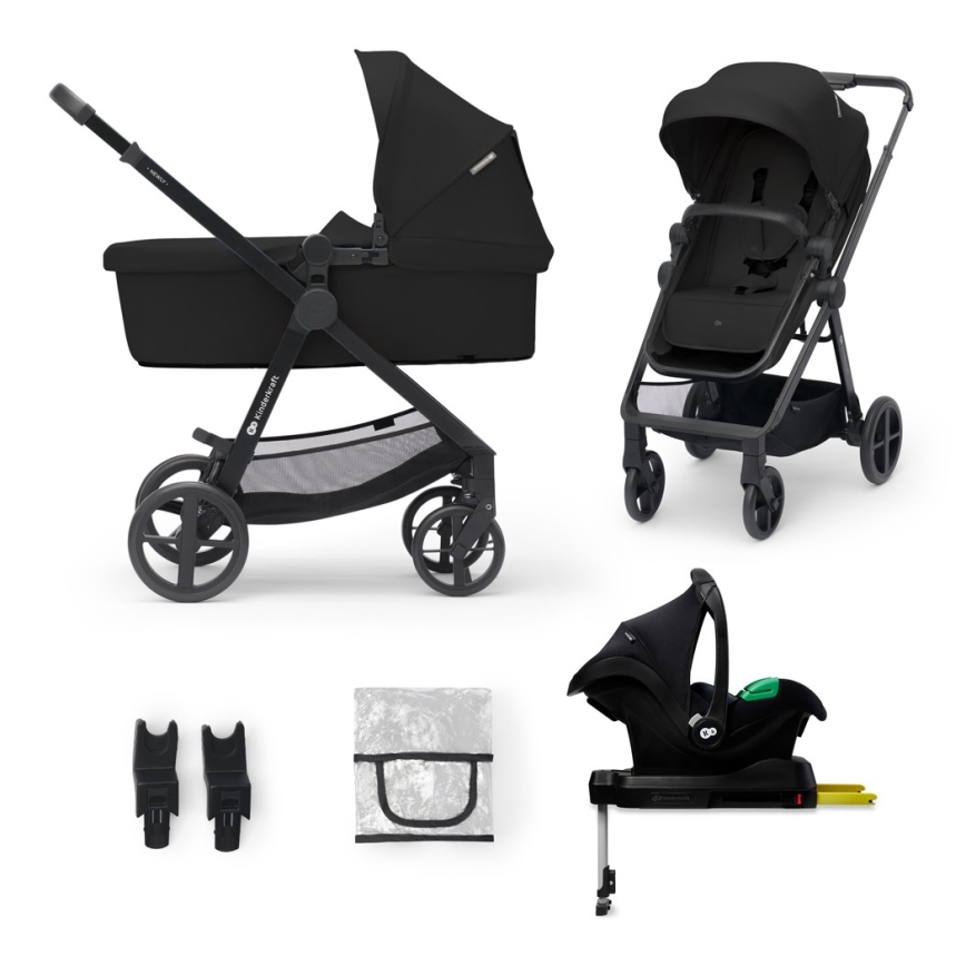 KINDERKRAFT - Yhdistelmärattaat 4v1 NEWLY Klassikko musta + turvaistuin MINK PRO jalustalla ISOFIX