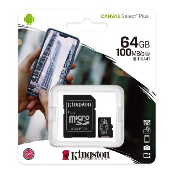Kingston SDCS2/64GB - MicroSDXC 64GB Canvas Select Plus U1 100MB/s + SD sovitin