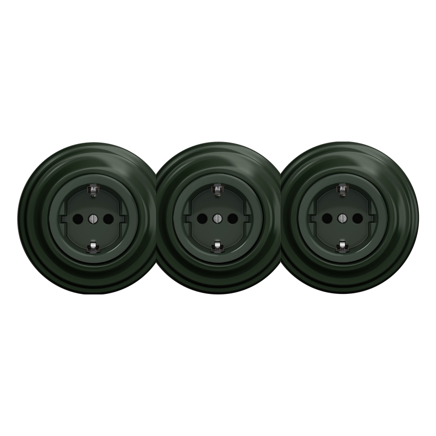 Kliklap – kodin retrotyylinen kolmoispistorasia kehyksellä, SCHUKO 230V, vihreä