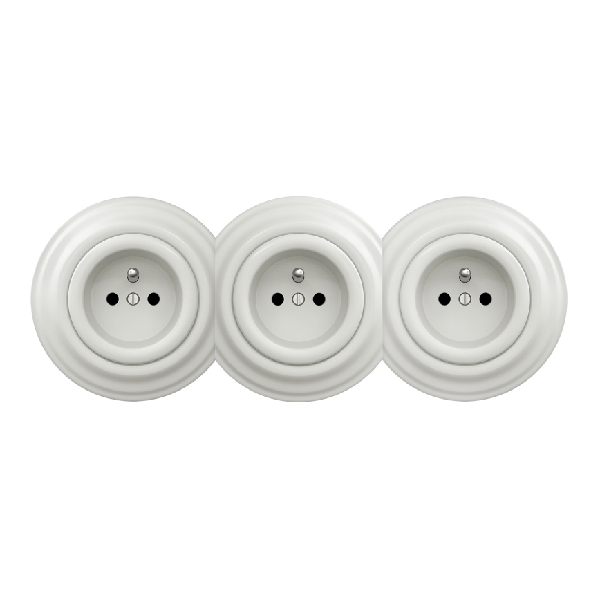 Kliklap - Kolmipaikkainen retrotyylinen seinäpistorasia kehyksellä, 230 V, valkoinen