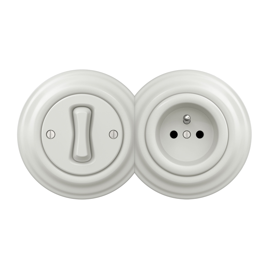Kliklap - Retro-tyylinen yksinapainen kytkin nro 1 ja 230 V pistorasia kehyksellä, valkoinen