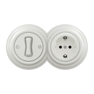 Kliklap - Retro yksinapainen kytkin nro 1 ja SCHUKO-pistorasia 230V kehyksellä, valkoinen