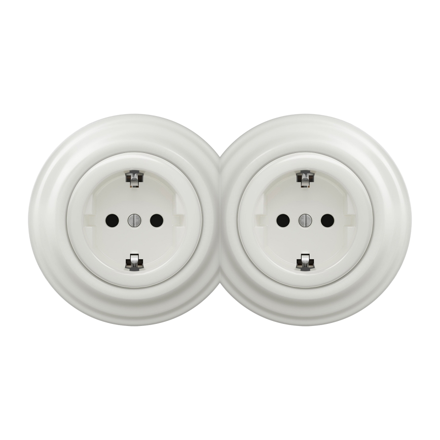 Kliklap - Retrotyylinen kaksoispistorasia kotikäyttöön, kehyksellä, SCHUKO 230V/16A, valkoinen