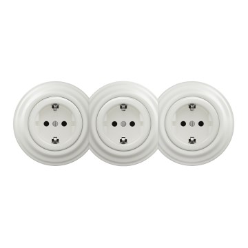Kliklap - retrotyylinen kolmoispistorasia kotikäyttöön kehyksellä, SCHUKO 230 V, valkoinen