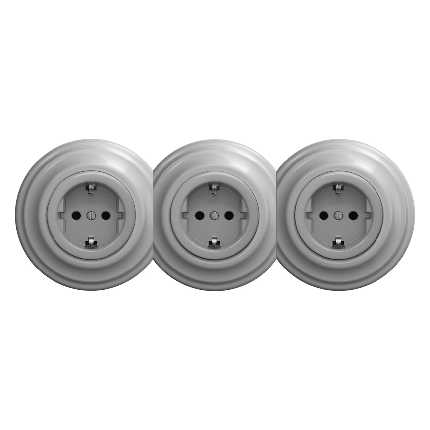Kliklap - Retrotyylinen kolmoispistorasia kotikäyttöön, kehys, SCHUKO 230V, harmaa
