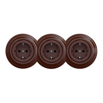 Kliklap - Retrotyylinen kolmoispistorasia kotikäyttöön, kehys, SCHUKO 230V, ruskea