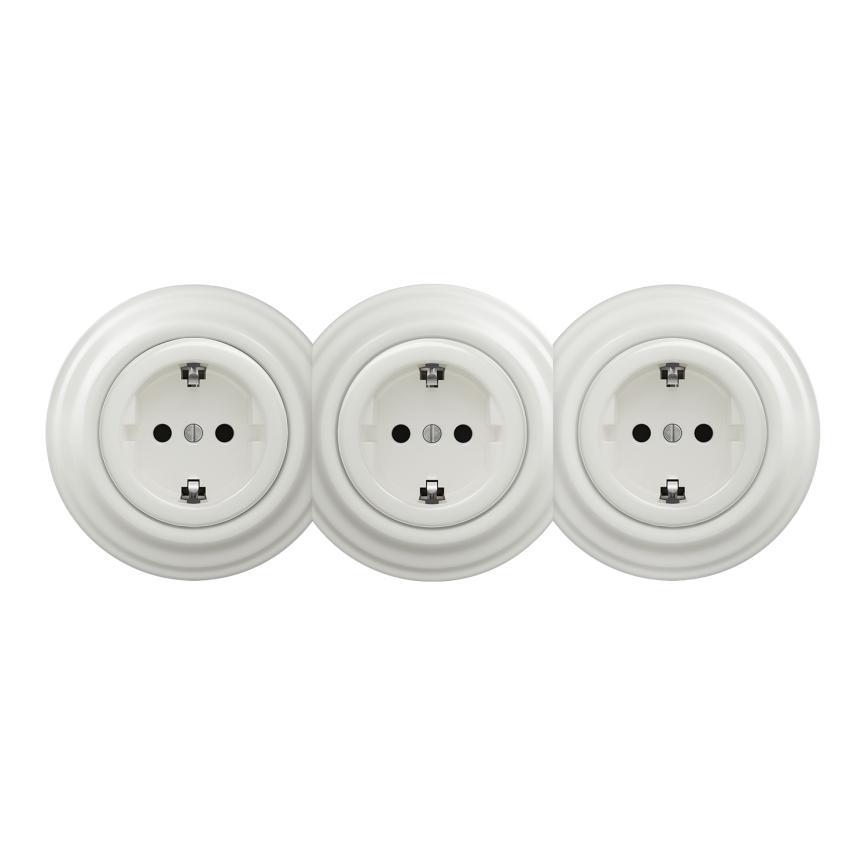 Kliklap – retrotyylinen kolmoispistorasia SCHUKO-kehyksellä, 230 V, valkoinen