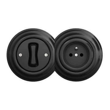 Kliklap - Retrotyylinen yksinapainen kytkin nro 1 ja 230V-pistorasia kehyksellä, musta