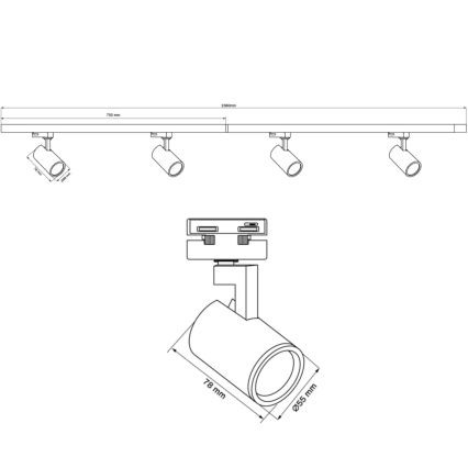 Kohdevalo kiskojärjestelmään LYNX 4xGU10/10W/230V + 2 x 75 cm kiskojärjestelmä valkoinen