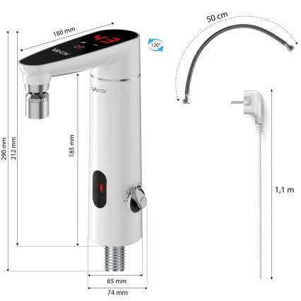 Kosketus hetkellinen vedenlämmitin anturilla ja LED näyttö 3000W/230V IPX4 valkoinen