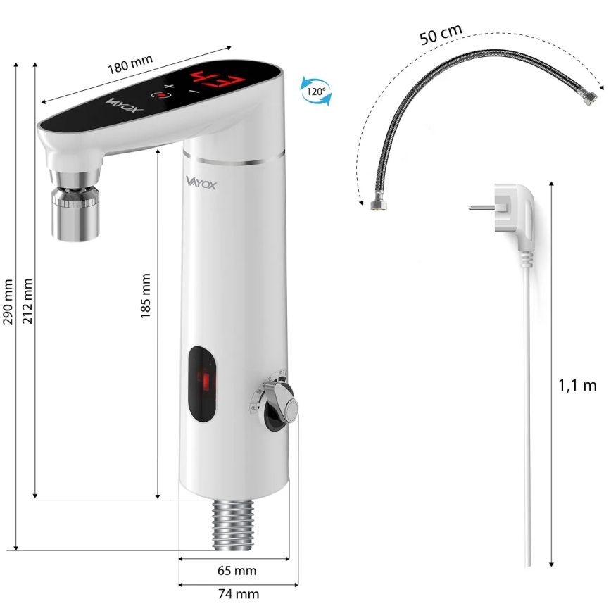 Kosketus hetkellinen vedenlämmitin anturilla ja LED näyttö 3000W/230V IPX4 valkoinen