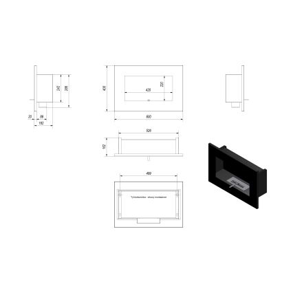 Kratki - Sisäänrakennettu BIO takka 40x60 cm 2kW musta