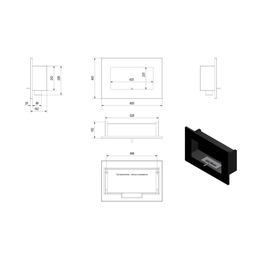 Kratki - Sisäänrakennettu BIO takka 40x60 cm 2kW musta