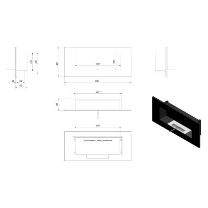 Kratki - Sisäänrakennettu BIO takka 40x90 cm 2kW musta