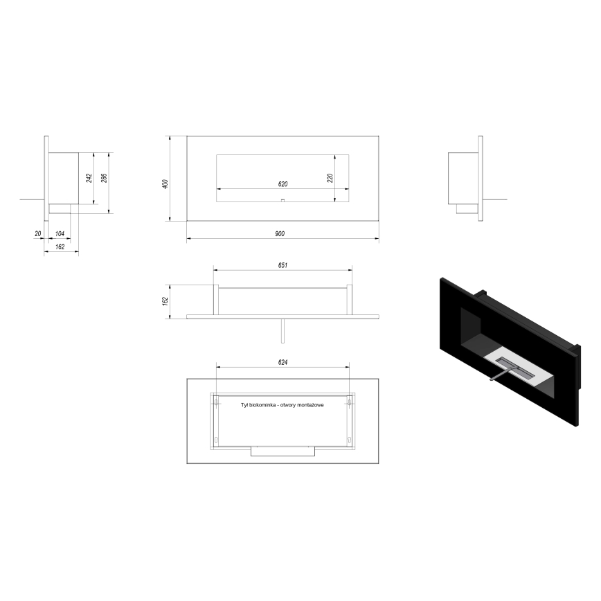 Kratki - Sisäänrakennettu BIO takka 40x90 cm 2kW musta