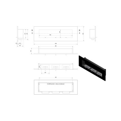 Kratki - Sisäänrakennettu BIO takka 40x120 cm 3x1,1kW musta