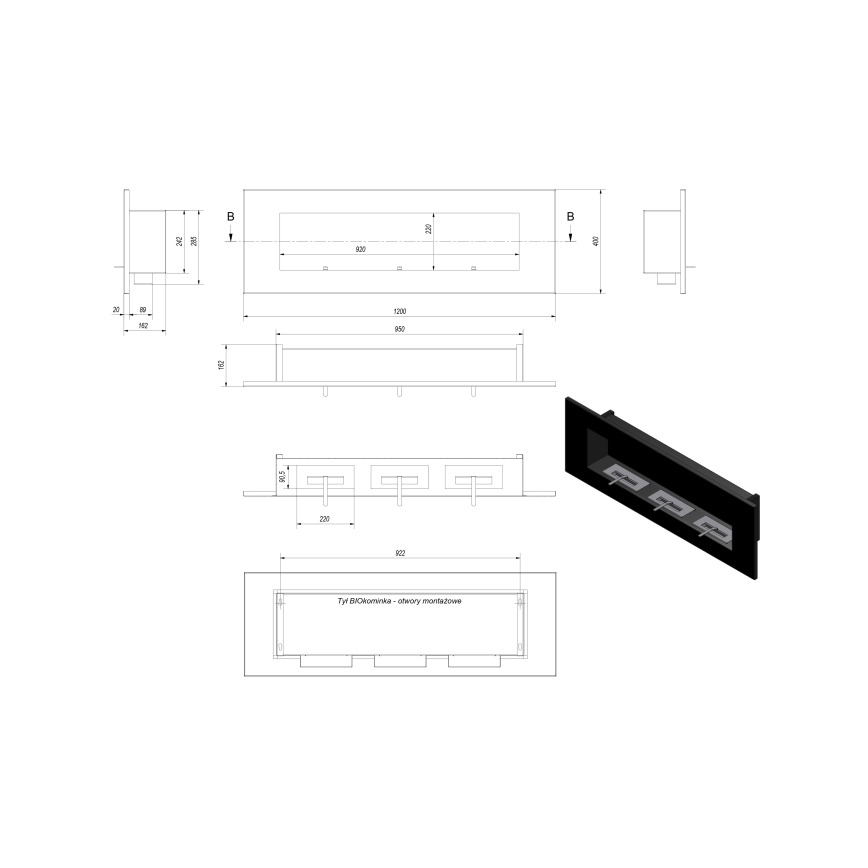 Kratki - Sisäänrakennettu BIO takka 40x120 cm 3x1,1kW musta