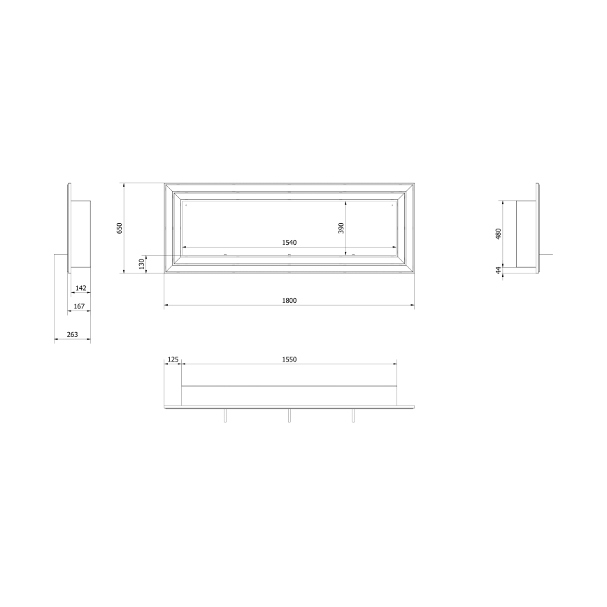Kratki - Sisäänrakennettu BIO takka 65x180 cm 3x2,5kW kiiltävä kromi