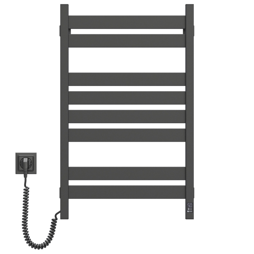 Kylpyhuoneen pyyhekuivain termostaatilla LARGO 432 W/230 V, 80,6 cm, IP44, musta, vasenkätinen, kulmikas
