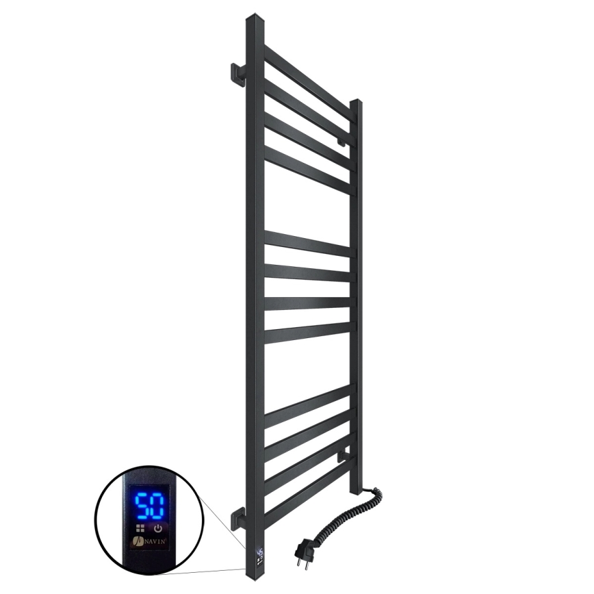 Kylpyhuoneen pyyhekuivain termostaatilla AVANGARD 459W/230V 120,6 cm IP44, musta, oikeakätinen, kulmikas