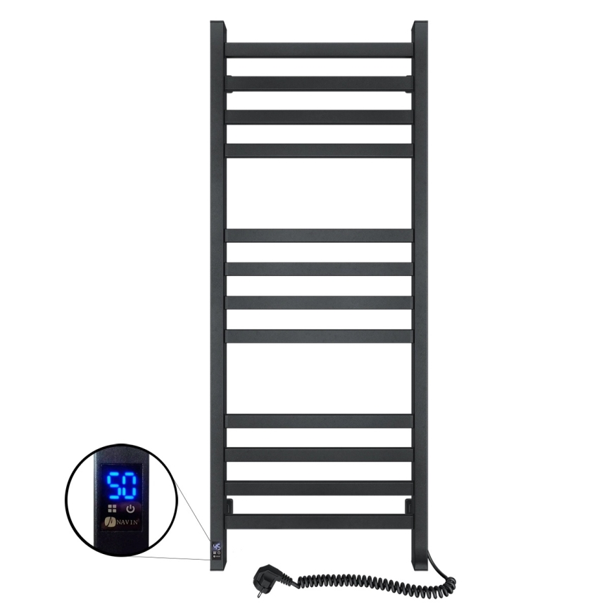 Kylpyhuoneen pyyhekuivain termostaatilla AVANGARD 459W/230V 120,6 cm IP44, musta, oikeakätinen, kulmikas