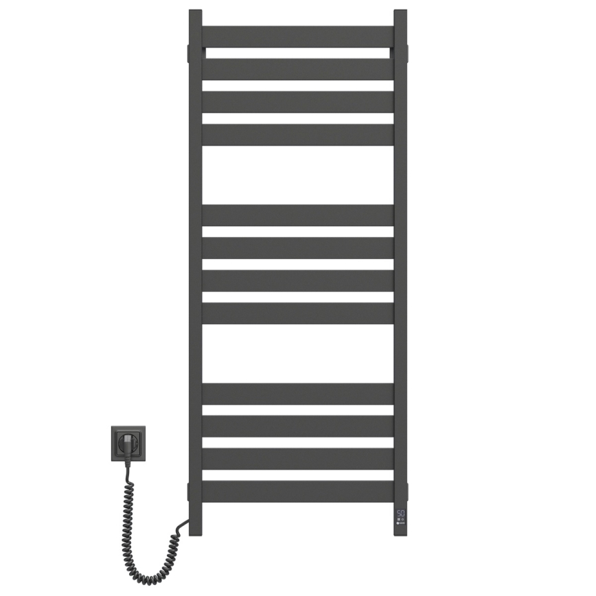 Kylpyhuoneen tikasmallinen pyyhekuivain termostaatilla LARGO 541W/230V 120,6 cm IP44 musta vasen neliöprofiili