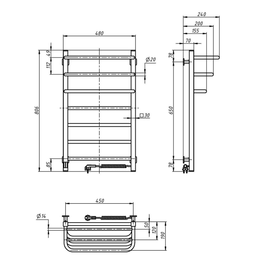 Kylpyhuoneen sähkö jäähdytin termostaatilla FORTIS 350W/230V 80,6 cm IP44 musta oikea kulmikas