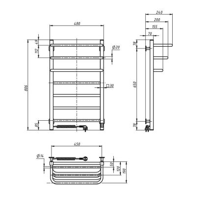 Kylpyhuoneen sähkö jäähdytin termostaatilla FORTIS 350W/230V 80,6 cm IP44 valkoinen vasen kulmikas