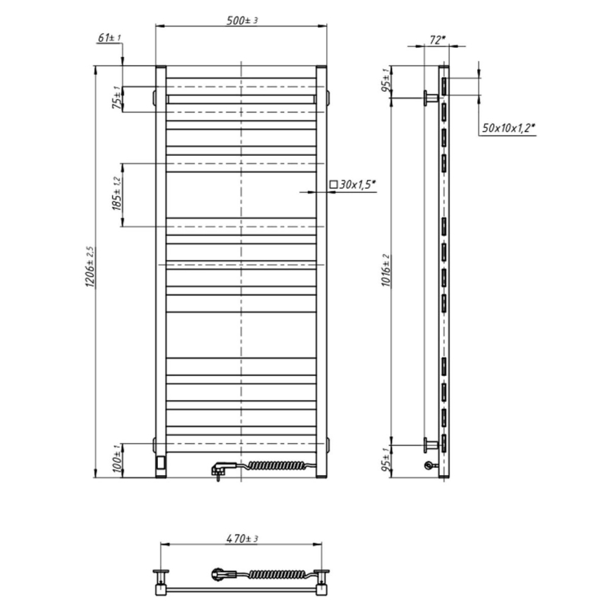 Kylpyhuoneen pyyhekuivain termostaatilla LARGO 541W/230V 120,6 cm IP44 musta, oikeakätinen, kulmikas