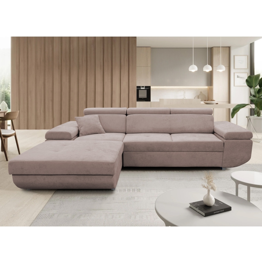 L-mallinen avattava kulmasohva CASTELO, vasen kulma, säilytystilalla, beige
