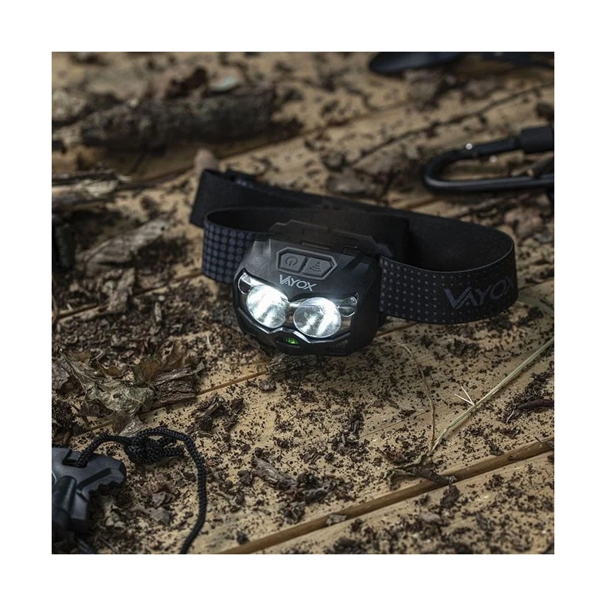 LED Himmennettävä ladattava otsalamppu anturilla ja punainen valo 2xLED/5W/5V/3xAAA IP65 500 kiiltävä 1200 mAh